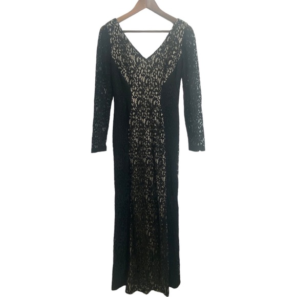 David Meister Black Tan Lace Long Sleeve Maxi Dress
